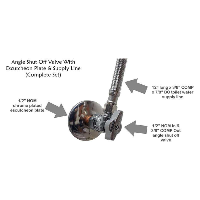 Miiflex Complete Toilet Set Valve 1/2 in. NOM Inlet x 3/8 in. OD Compression Outlet Angle Shut Off + Escutcheon Plate + 12" Long Stainless Steel Braided Brass Nut Water Supply Line - Image 2